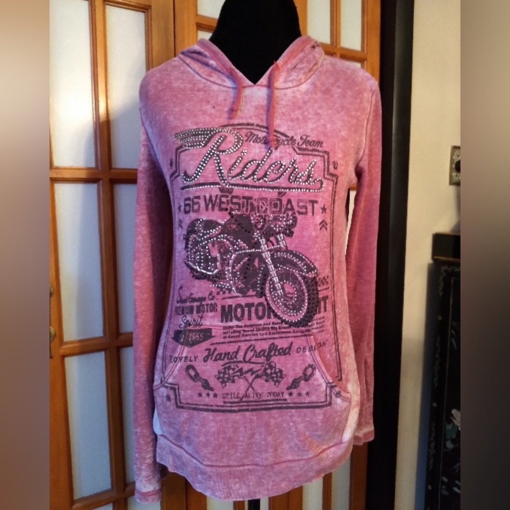Women's/Jr's Y2K Lightweight Thermal Motorcycle Themed Red Hoodie Sz M